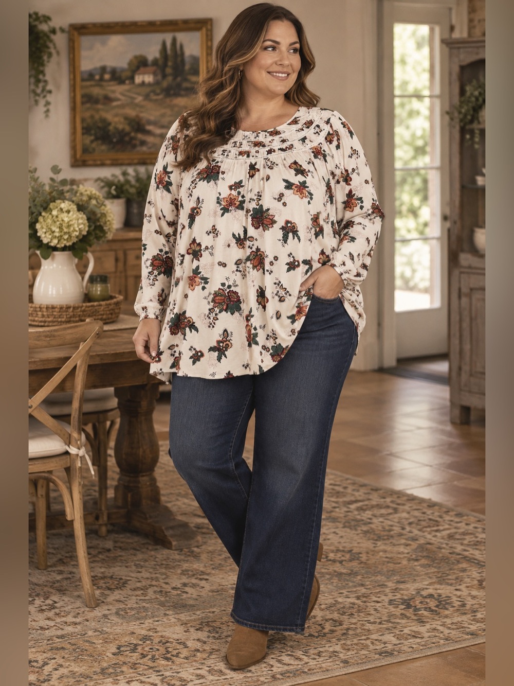 Lane Bryant Cream Floral Peasant Blouse